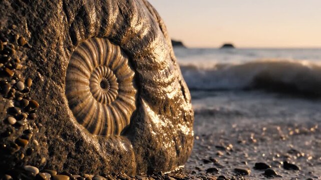 Beautiful ancient ammonite fossil on a beach with ocean waves at sunset