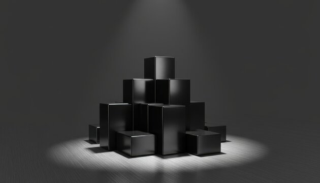Dark Geometric Blocks Arranged in a Dramatic Spotlight Display
