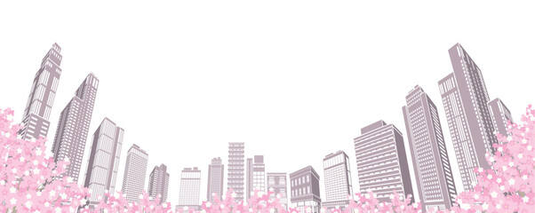 桜が咲く春の街並みイラスト.  © keko-ka