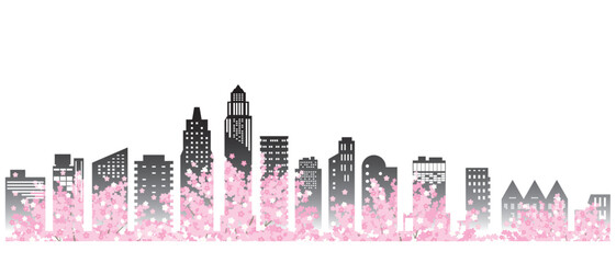 桜が咲く春の街並みイラスト. 