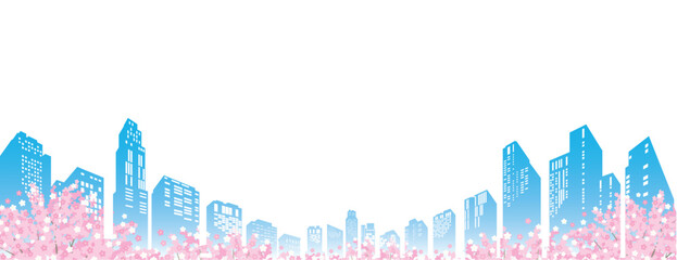 桜が咲く春の街並みイラスト. 