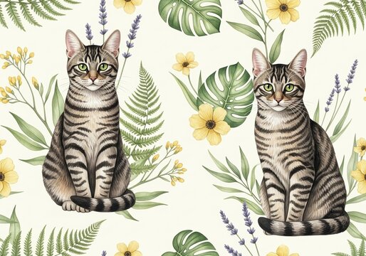 Tabby cats sitting among ferns, flowers, and leaves on a cream background pattern