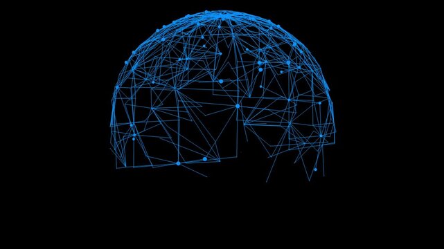 A dense web of blue lines and nodes forming a wireframe sphere that gradually fills in and rotates in a dark 3D space.