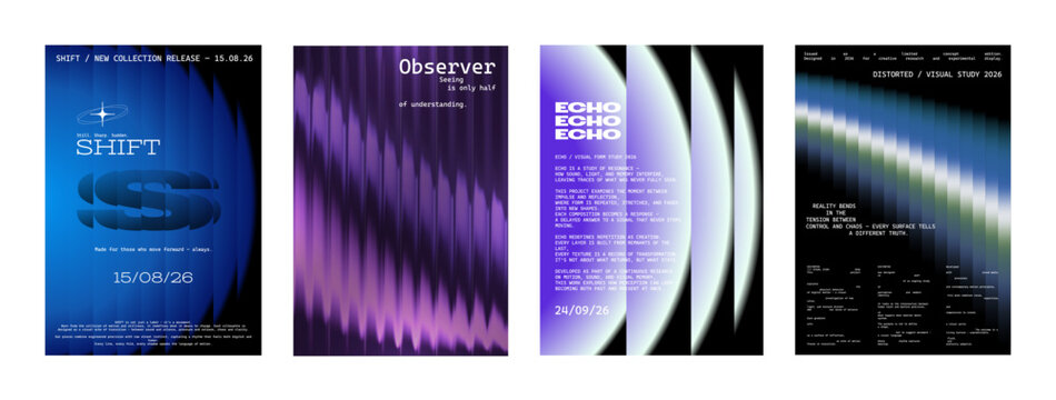 Gradient and minimalist aesthetics. Modern minimalist gradient template - postcards, flyers, posters, covers, invitations. Bauhaus posters, patterns, transition of tones, geometric shapes. Vector set