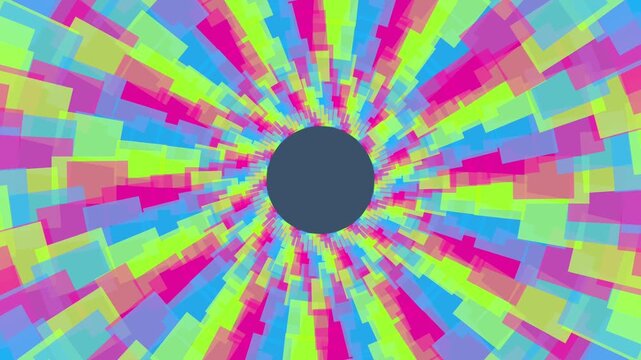 A rapid, kaleidoscopic tunnel effect created by overlapping, semi-transparent rectangles in a wide variety of neon colors.