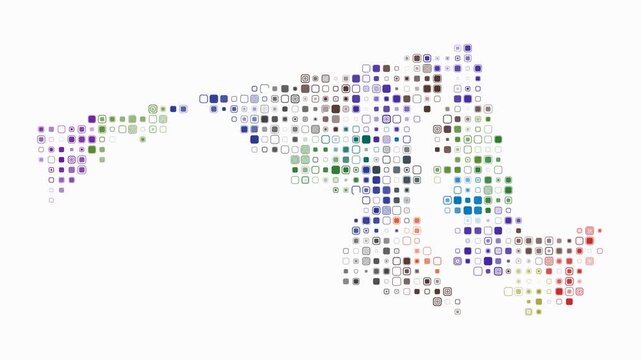 Maryland animated shape. Pulsating colored dots on the map of the state. Small size rounded square blocks. Digital style Maryland map on white background. Vibrant animation video.