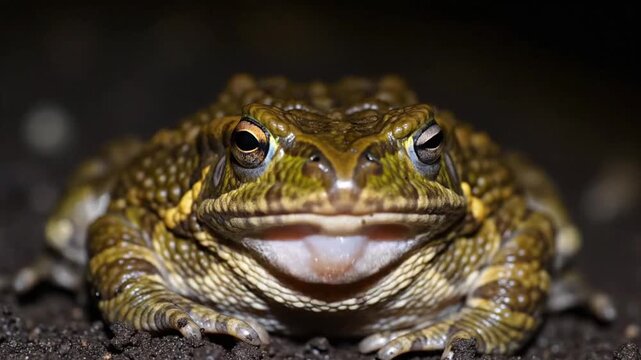 Close view of a large toad resting on the ground in a dark setting at night