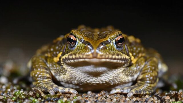 Close look at a toad on the ground during the night in a natural setting