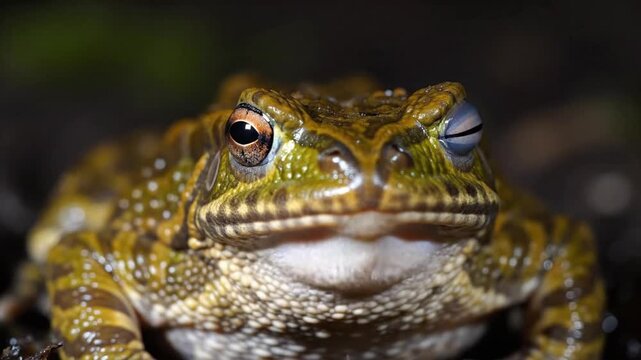 Close-up of a brown frog in a dark environment with focus on facial features and texture