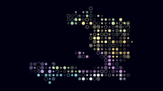 Haiti map animation. Shape of the country with pulsating colored dots. Large size circle blocks. Digital style Haiti map on dark background. Creative video.