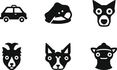 Animal face icons vector illustration set, dog cat goat monkey seal silhouettes, car symbol design for signage graphics © MostMonira