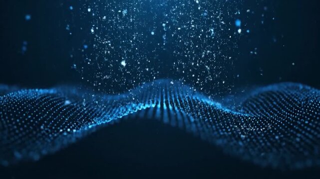 Futuristic blue digital wave of particles flowing on a dark background