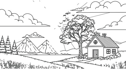 Obraz premium A serene rural landscape with a house and tree by a winding road