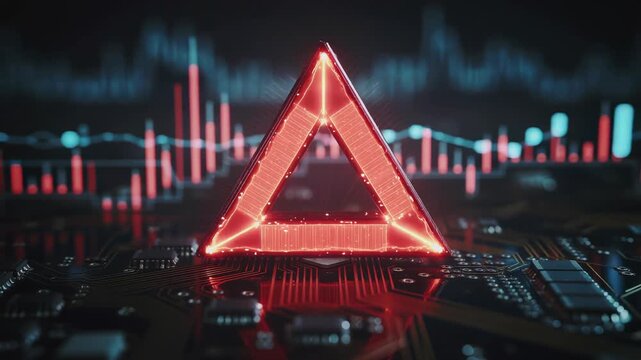 Glowing red triangle hologram on circuit board with financial market charts in background, concept for cryptocurrency investment, blockchain technology and cyber security alert