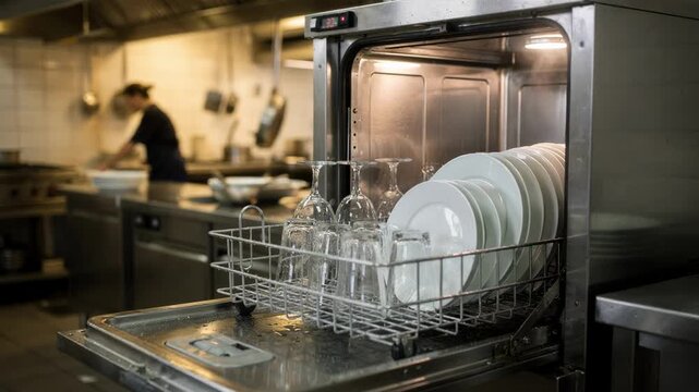 Medium shot of a highcapacity commercial dishwashing machine in operation with a focused rack being loaded while the background shows blurred kitchen activity.