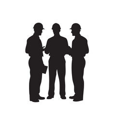 Three construction workers meeting teamwork hard hats.