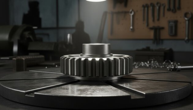 Single Perfectly Formed Metallic Cogwheel on Industrial Machine Table
