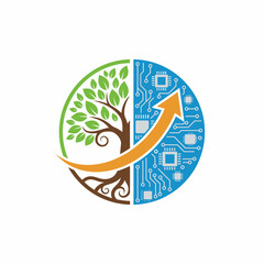 Obraz premium Illustration of a tree with green leaves and circuit board design merging with an upward arrow symbolizing growth and technology