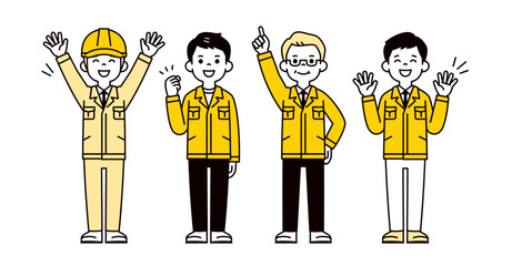 元気にポーズをとる、作業着を着た複数の男性従業員・作業員の全身ベクターイラスト素材セット