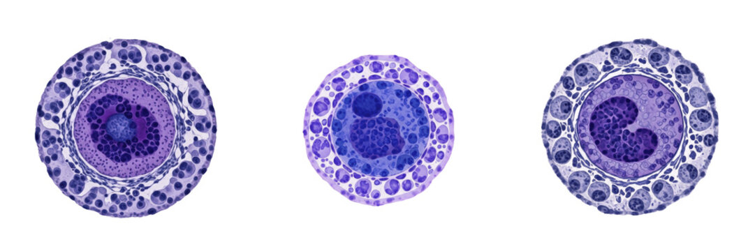 Erythroblast isolated on white background, immature red blood cell, 赤芽球 (Aka Gakyū), Erythroblast, human bone marrow precursor cell, red blood cell development, microscopic hematopoietic cell, cellula