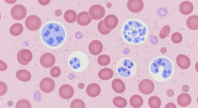 Microscopic view of blood cells with parasites.