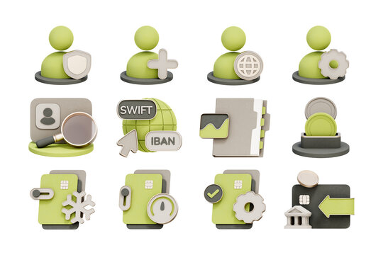 3D icon set of digital banking and user security management including verified profile status, global SWIFT transfers, encrypted financial folders, and smart credit card control.