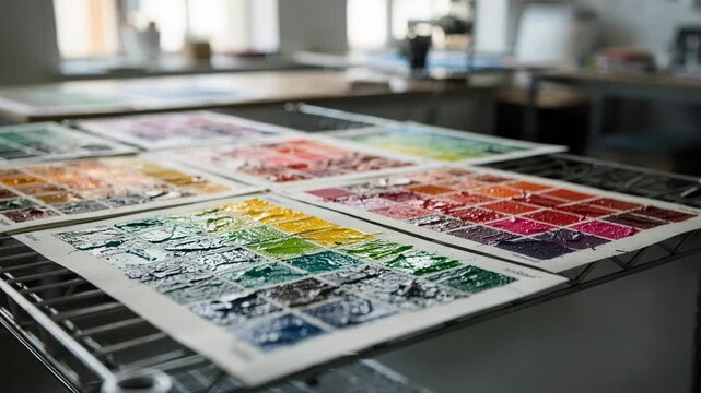 Medium shot of test sheets laid out on drying racks focusing on vibrant vegetablebased ink swatches with blurred workshop environment behind.