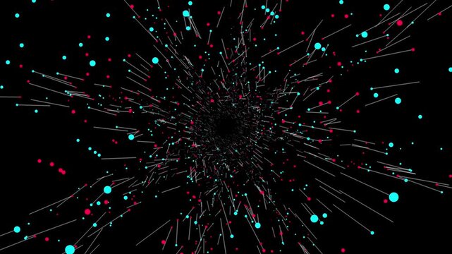 A fast-paced journey through a digital tunnel made of radiating lines and red and cyan nodes on a black background.