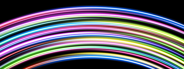 黒背景に流れるカラフルなネオン光の波線　テクノロジー・デジタル背景