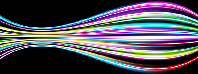 黒背景に流れるカラフルなネオン光の波線　テクノロジー・デジタル背景