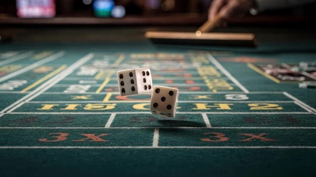 Crisp dice in midair above an empty craps table layout the absence of chips and blurred rake creating a pause in the highenergy gambling scene.