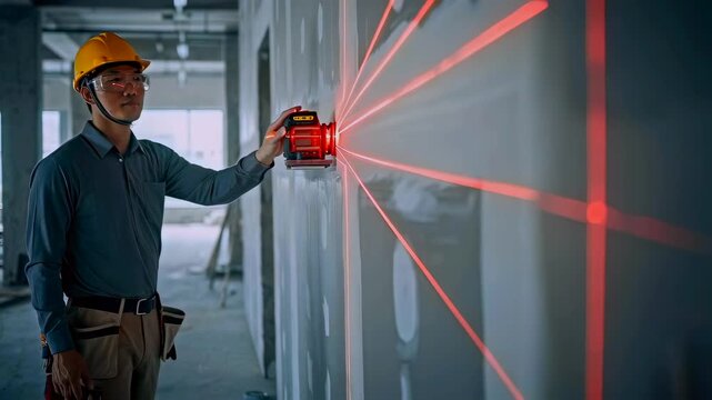 worker using red laser level on wall inside unfinished building wearing yellow hardhat and safety glasses measuring drywall layout precise alignment for renovation concrete beams focused