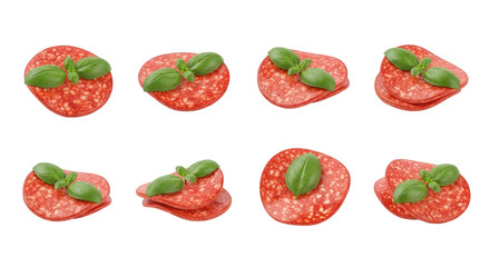 Naklejka premium sliced salami and fresh basil leaves arranged isolated on a white background delicious ingredients for food photography and culinary designs