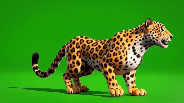 A majestic leopard stands proudly on a green floor, captured in a 3D animation, with a full-body view, showcasing its vibrant fur and sharp claws in a studio setting like 0301