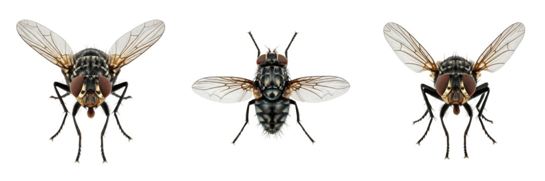 Housefly Musca domestica isolated on white background, wings spread, human-associated fly, pest insect, macro photography, fly close-up, Muscidae species, common fly, insect macro photo