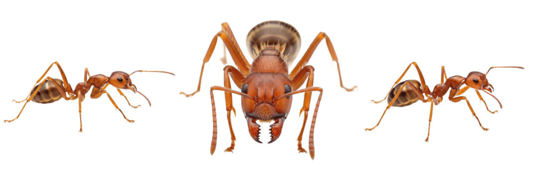 Fire ant Solenopsis isolated on white background, human-associated ant, Formicidae species, red imported fire ant, ant macro photography, close-up, ant extreme macro, ant detailed, ant crawling, pest 