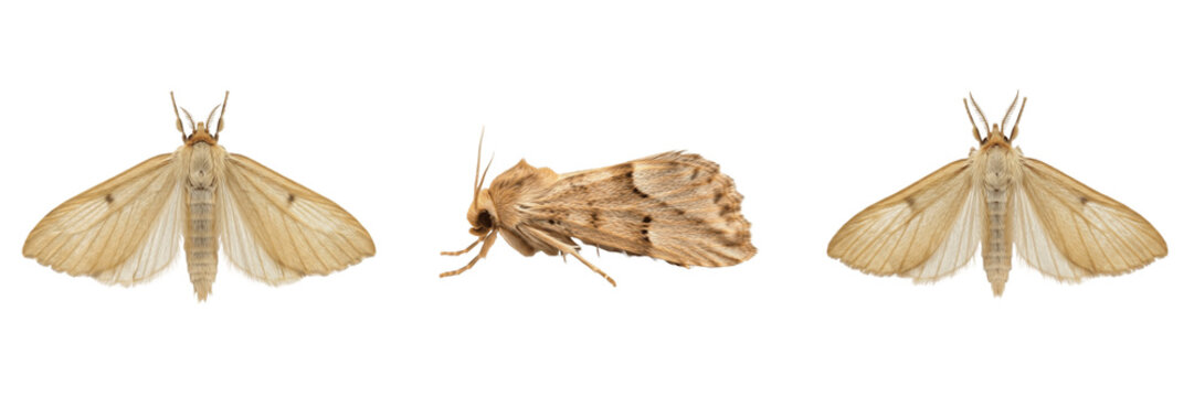 Clothes moth Tineola bisselliella isolated on white background, textile pest, human-associated insect, Lepidoptera species, moth macro photography, close-up, insect extreme macro, clothing pest, detai