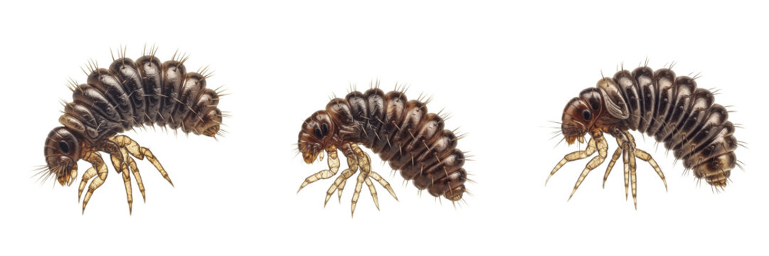 Flea larva Siphonaptera isolated on white background, magnified macro photography, human- and pet-associated parasite, insect close-up, flea extreme detail, flea life stage, larval flea detailed macro