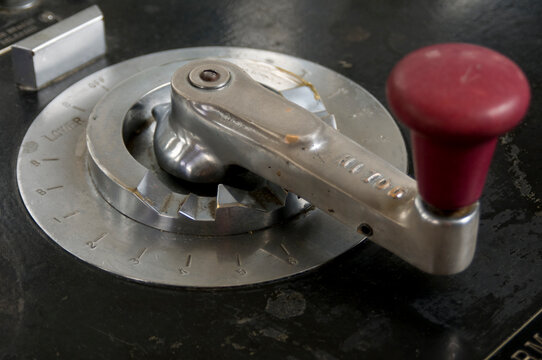 Canada, BC, Vancouver.  1960's era control lever in control room of  railway lift bridge over the Burrard Inlet at the Second Narrows.