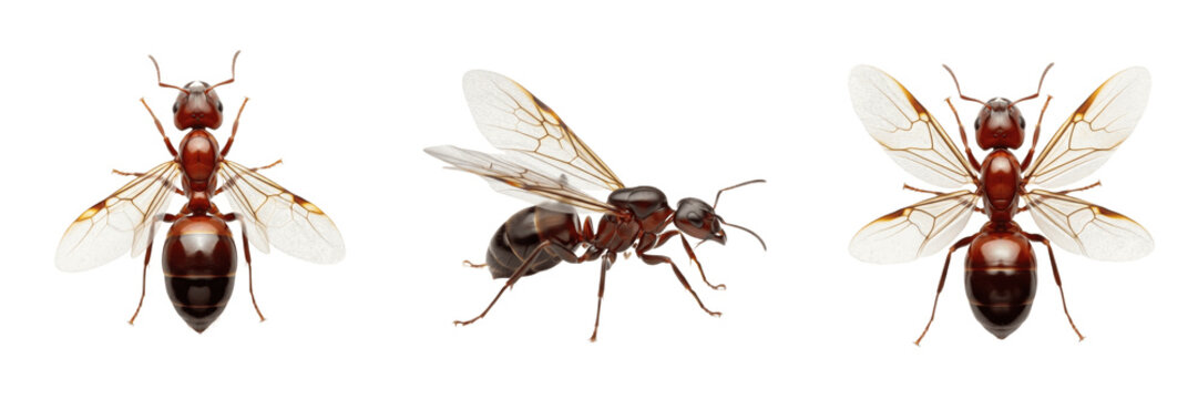 Ant queen Lasius isolated on white background, wings visible, human-associated insect, reproductive caste, insect macro photography, close-up, ant extreme detail, winged ant macro, Formicidae species