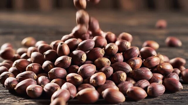 Fresh hazelnuts with shells are falling onto a rustic wooden table, creating
