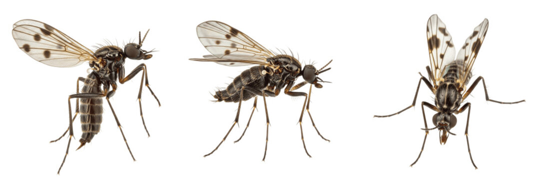 Human biting midge Culicoides isolated on white background, close-up macro photography, human-associated pest, blood-feeding insect, insect extreme detail, midge macro shot, Culicoides species