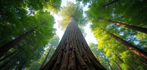 Naklejka premium Giant redwood tree trunk rises to green forest canopy. Sunlight shines through leaves. Nature, growth, and ancient wood create serene atmosphere. Tallest tree ever seen.