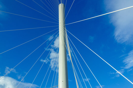 upward view of main tower of modern cable-stayed bridge 