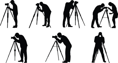 Professional photographer silhouettes with camera and tripod set, studio and outdoor photography shooting poses vector illustration isolated on white background © SreeRupali