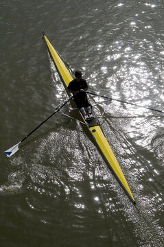 Canada, BC, Fort Langley.  Overhead view of man rowing a single scull on the Fraser River.