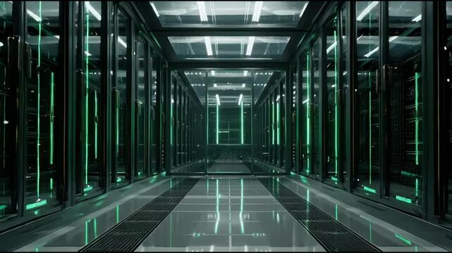 A futuristic, state-of-the-art data center core supported by soft green lighting elements, transparent cooling tubes with flowing light streams, and an eco-friendly technology concept.