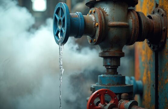 Old industrial pipeline with leaking water and steam from rusty valve. Metal pipes connect in factory setting with atmospheric haze. Blue wheel valve drips fluid, hot vapor obscures background.