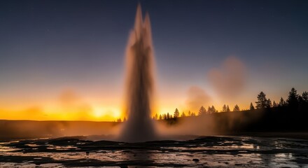 Erupting hot water column shoots high into the twilight sky against an orange horizon