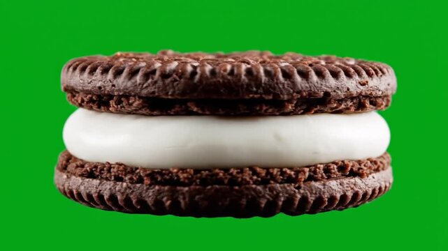 A delicious chocolate sandwich cookie with creamy white filling on a vibrant